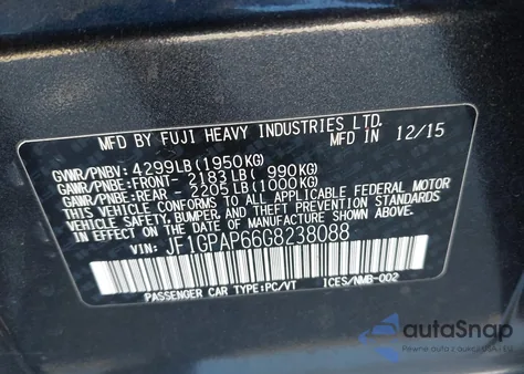 2016 Subaru Impreza 2.0I Sport Premium from USA, damaged, VIN JF1GPAP66G8238088